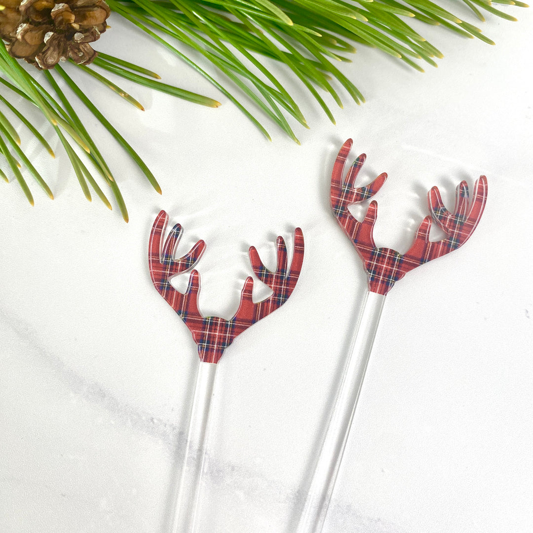 Tartan Holiday Antlers Beverage Stir Sticks