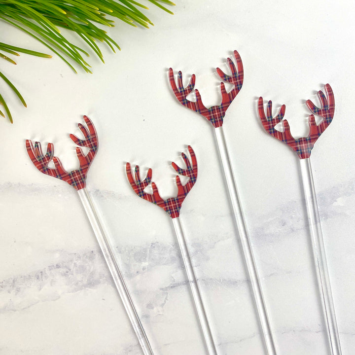 Tartan Holiday Antlers Beverage Stir Sticks