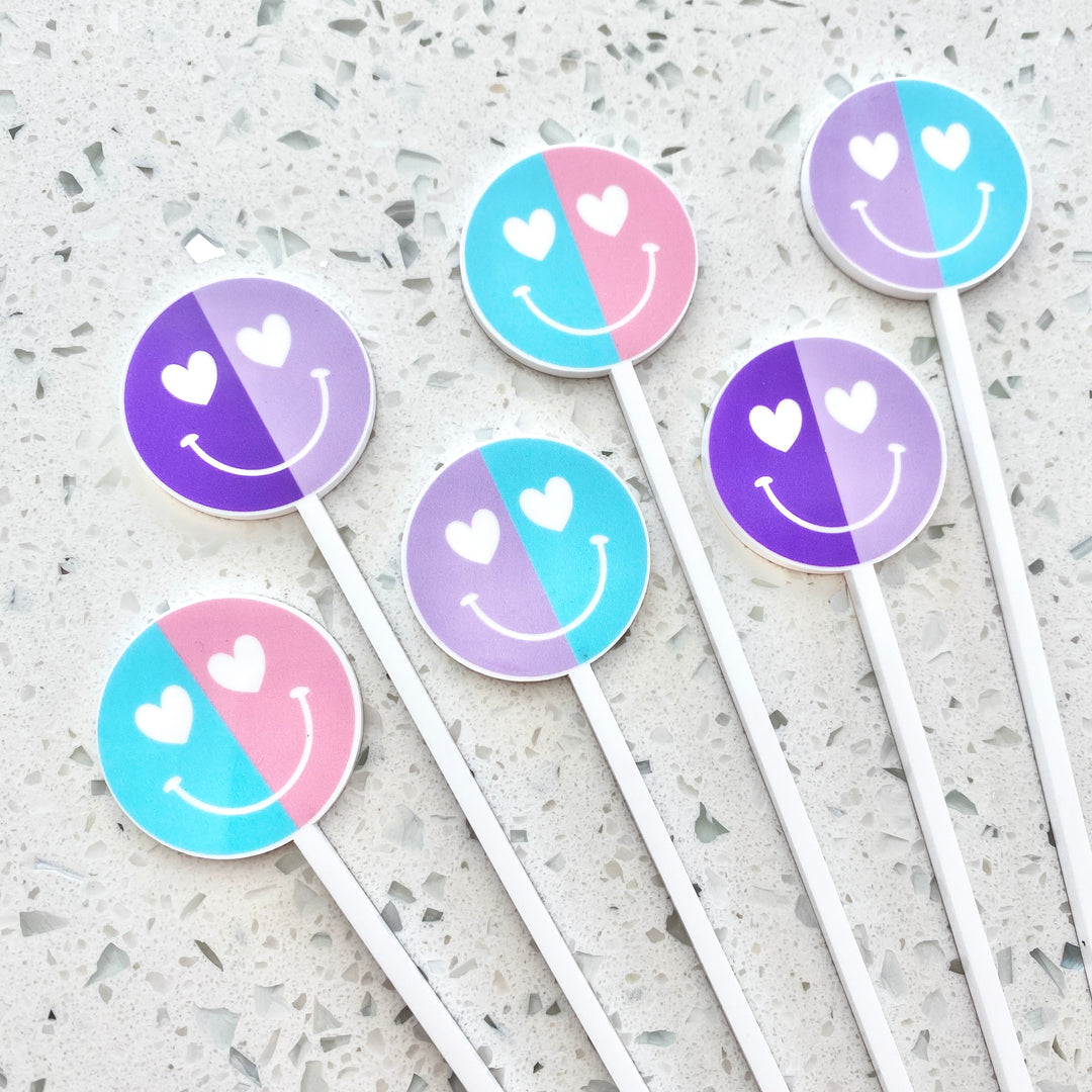 Happy Face Heart Eyes Color Split Stir Sticks
